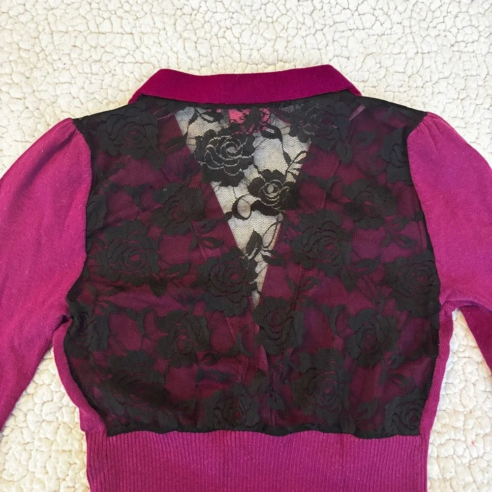 Purple Cardigan with Black Lace Detail